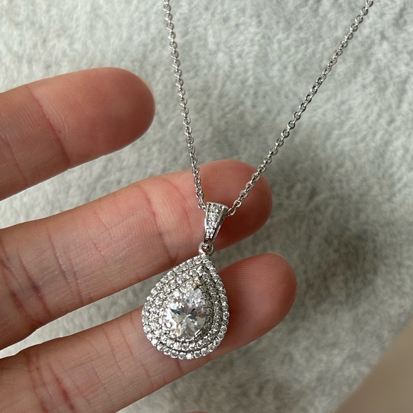 Silver Layered Pear Halos Bridal CZ Necklace - Picture 2 of 9